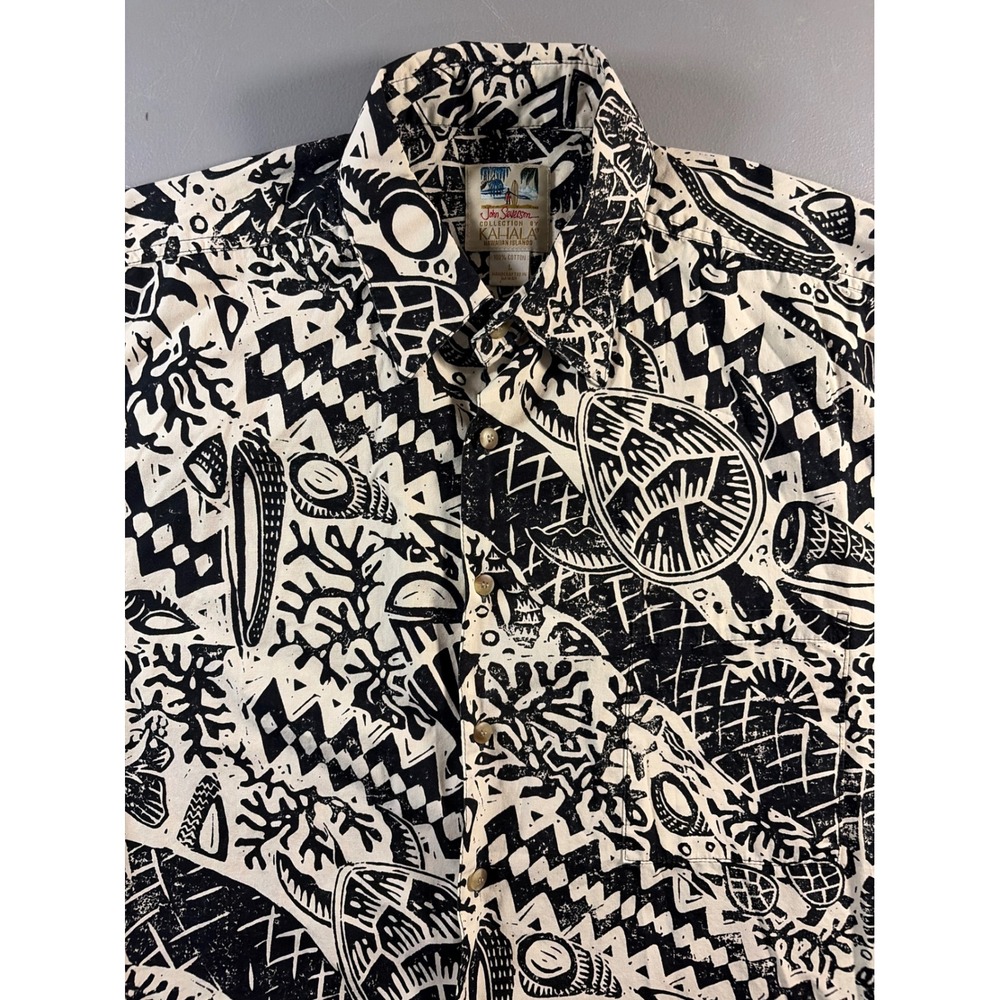 Kahala John Severson Shirt Mens Large Black White Cotton Surf Hawaiian Aloha L